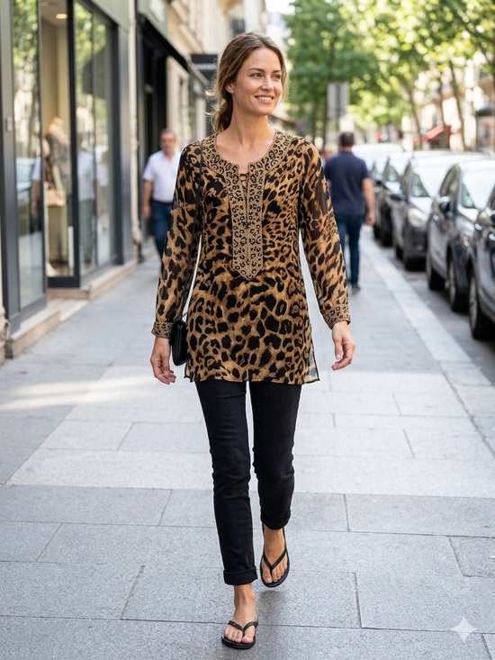Jeannie McQueeny Tops - Jeannie McQueeny Black And Brown Leopard Print Silk Heavily Beaded Tunic
Medium